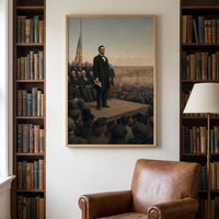 The Gettysburg Address framed print on a library wall between bookshelves