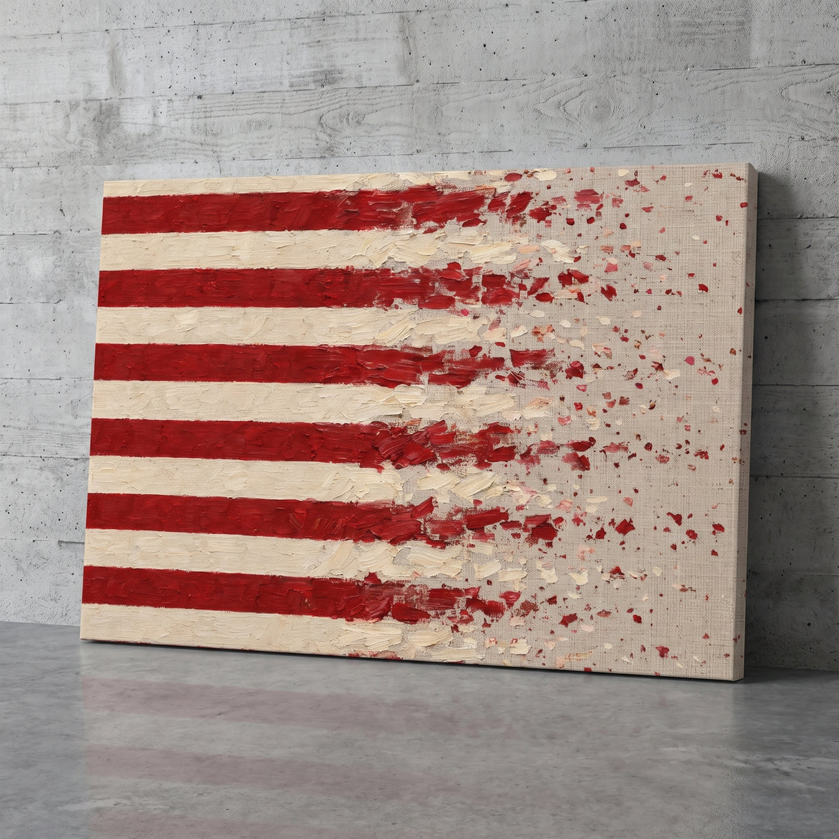 Thirteen, Dissolving – thirteen red and white stripes dissolving into flecks on linen, patriotic canvas wall art leaning against a concrete wall