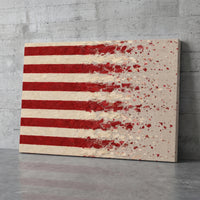 Thirteen, Dissolving – thirteen red and white stripes dissolving into flecks on linen, patriotic canvas wall art leaning against a concrete wall