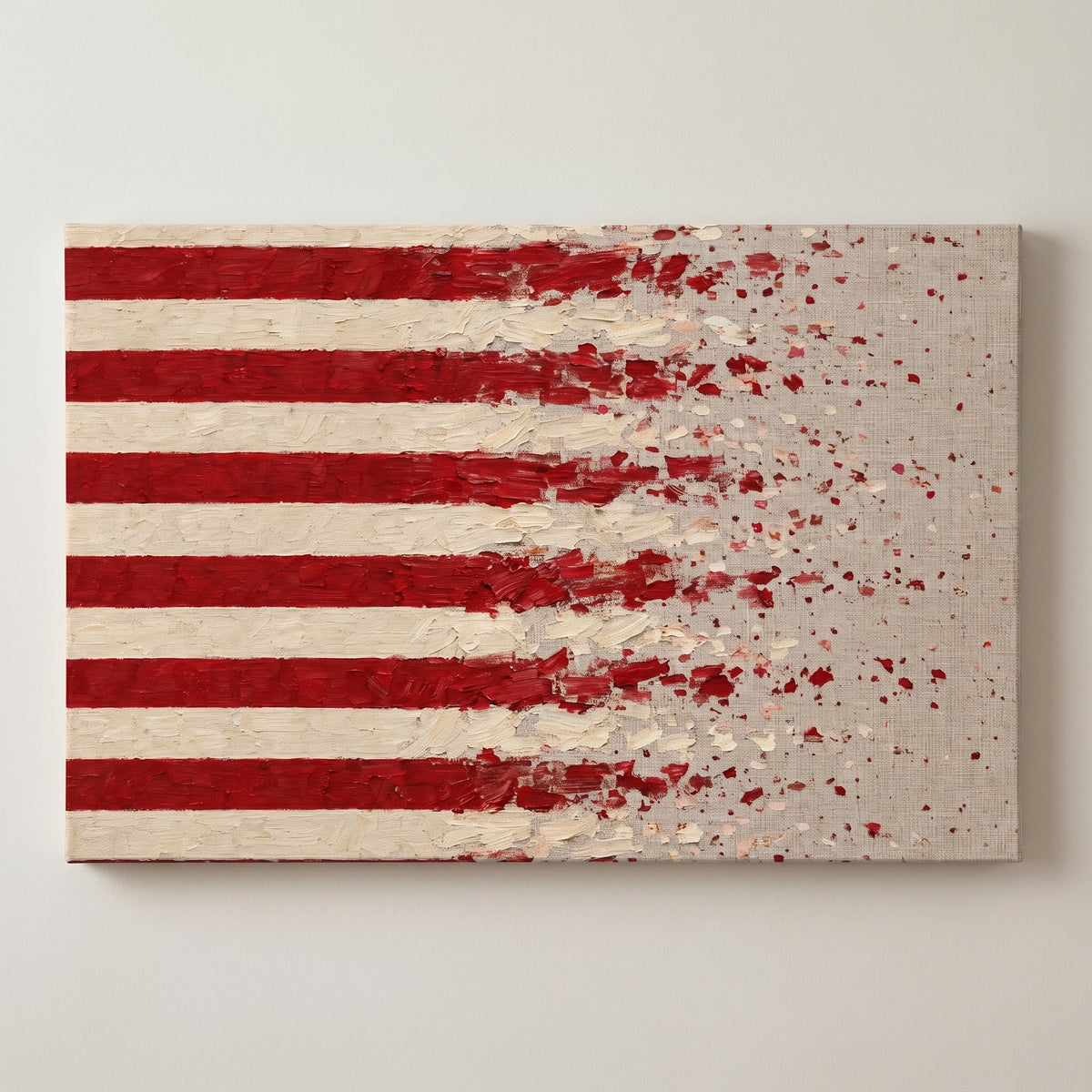 Thirteen, Dissolving – thirteen red and white stripes dissolving into flecks on linen, patriotic canvas wall art on a linen white wall