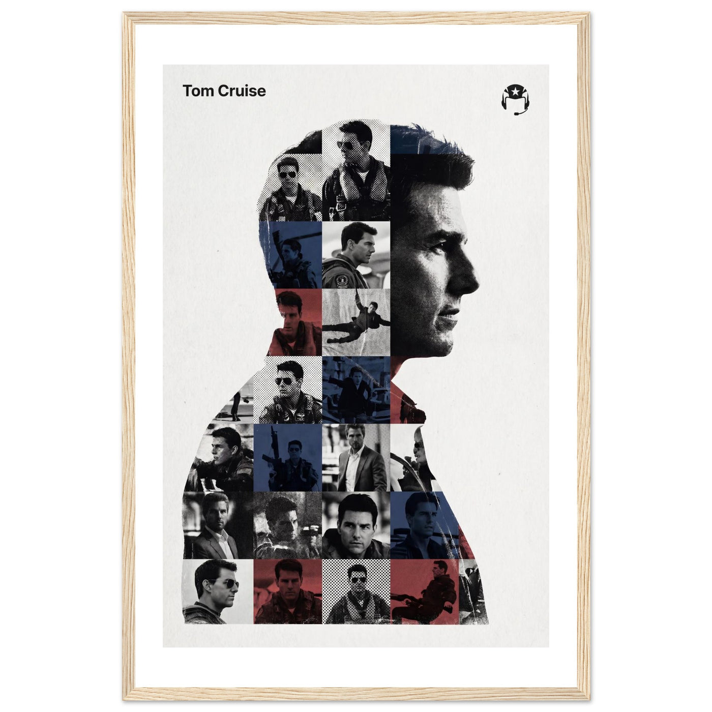 Wooden framed poster of Tom Cruise, ready to hang.