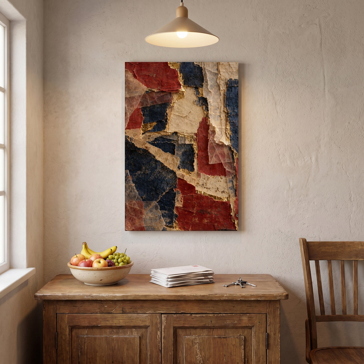 Paper and Gold – torn red, blue and cream paper collage with gold-filled seams, patriotic canvas wall art above a sideboard in a dining room