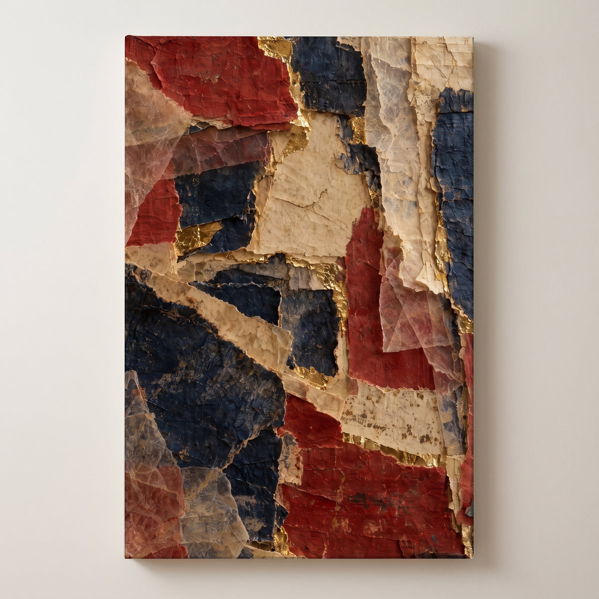 Paper and Gold – torn red, blue and cream paper collage with gold-filled seams, patriotic canvas wall art on a linen white wall