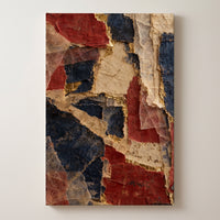 Paper and Gold – torn red, blue and cream paper collage with gold-filled seams, patriotic canvas wall art on a linen white wall