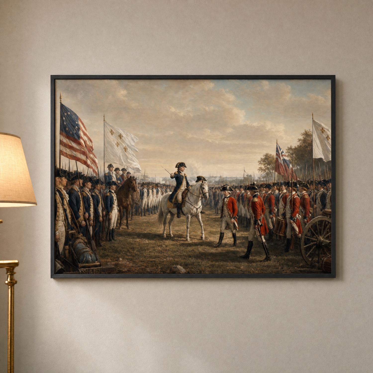 Surrender at Yorktown framed print, matte black frame, shown on a warm neutral wall — ready to hang.