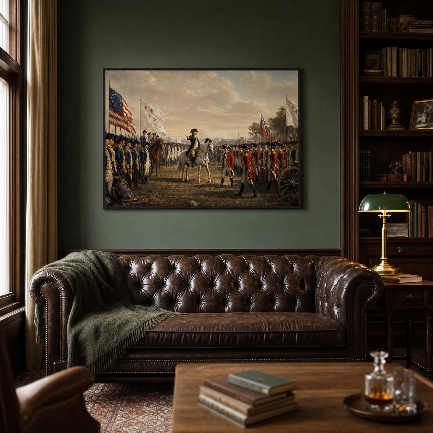 Surrender at Yorktown framed print, matte black frame, 36×24″, shown above a leather sofa in a traditional study.