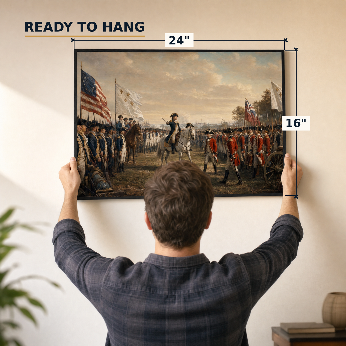 Surrender at Yorktown framed print, matte black frame, 24×16″, held to the wall — ready to hang out of the box.
