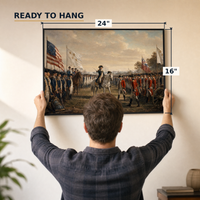 Surrender at Yorktown framed print, matte black frame, 24×16″, held to the wall — ready to hang out of the box.