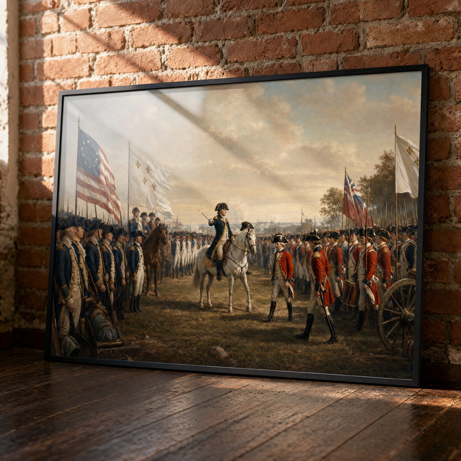 Surrender at Yorktown framed print, matte black frame, leaning against an exposed brick wall.