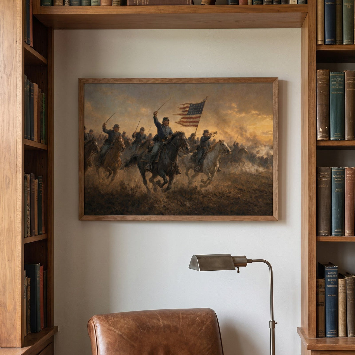 Union Cavalry Charge framed print on a library wall between bookshelves