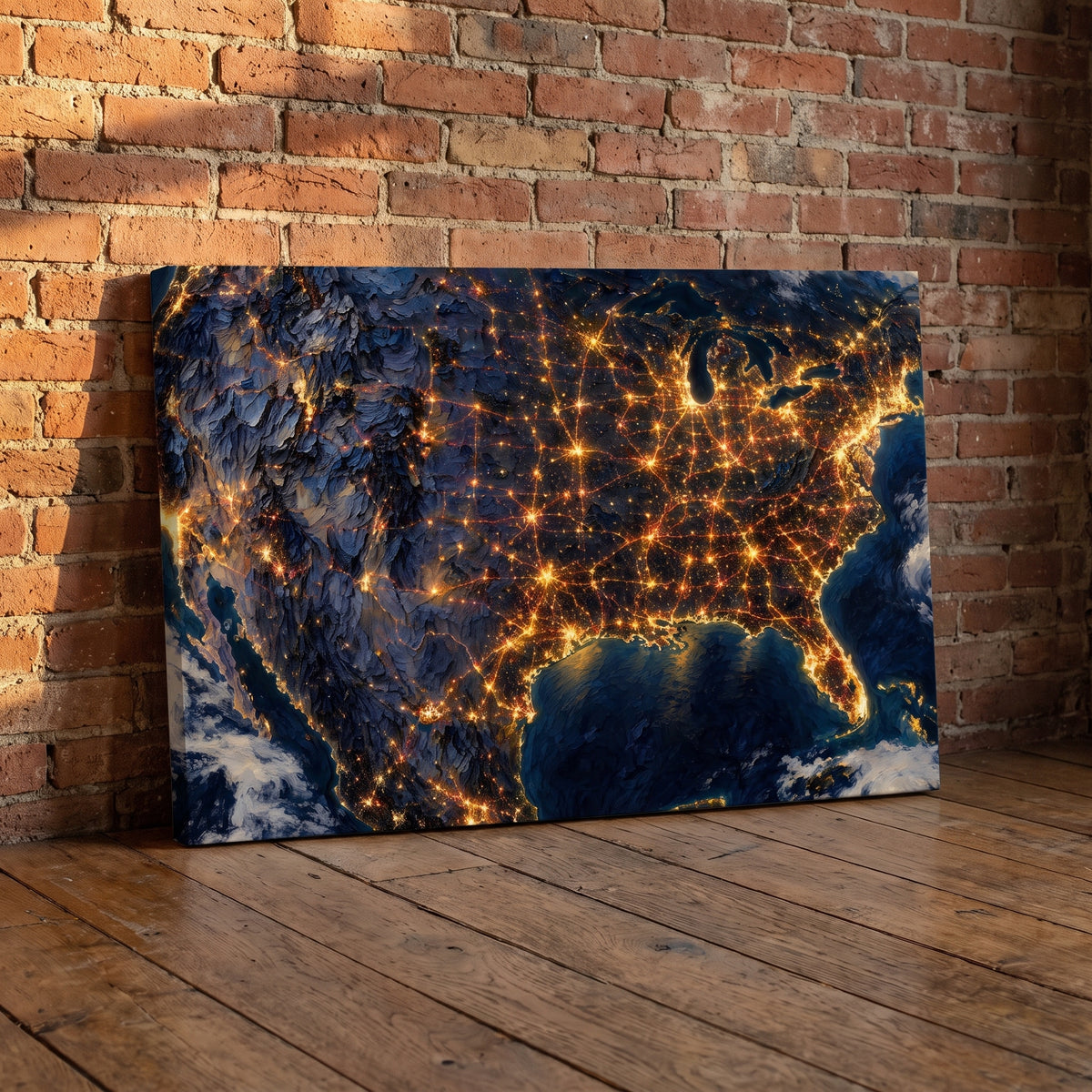 The Nation at Night – the United States at night from orbit with city lights, patriotic canvas wall art leaning against a red brick wall