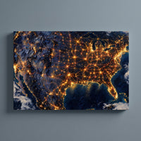 The Nation at Night – the United States at night from orbit with city lights, patriotic canvas wall art on a slate grey wall