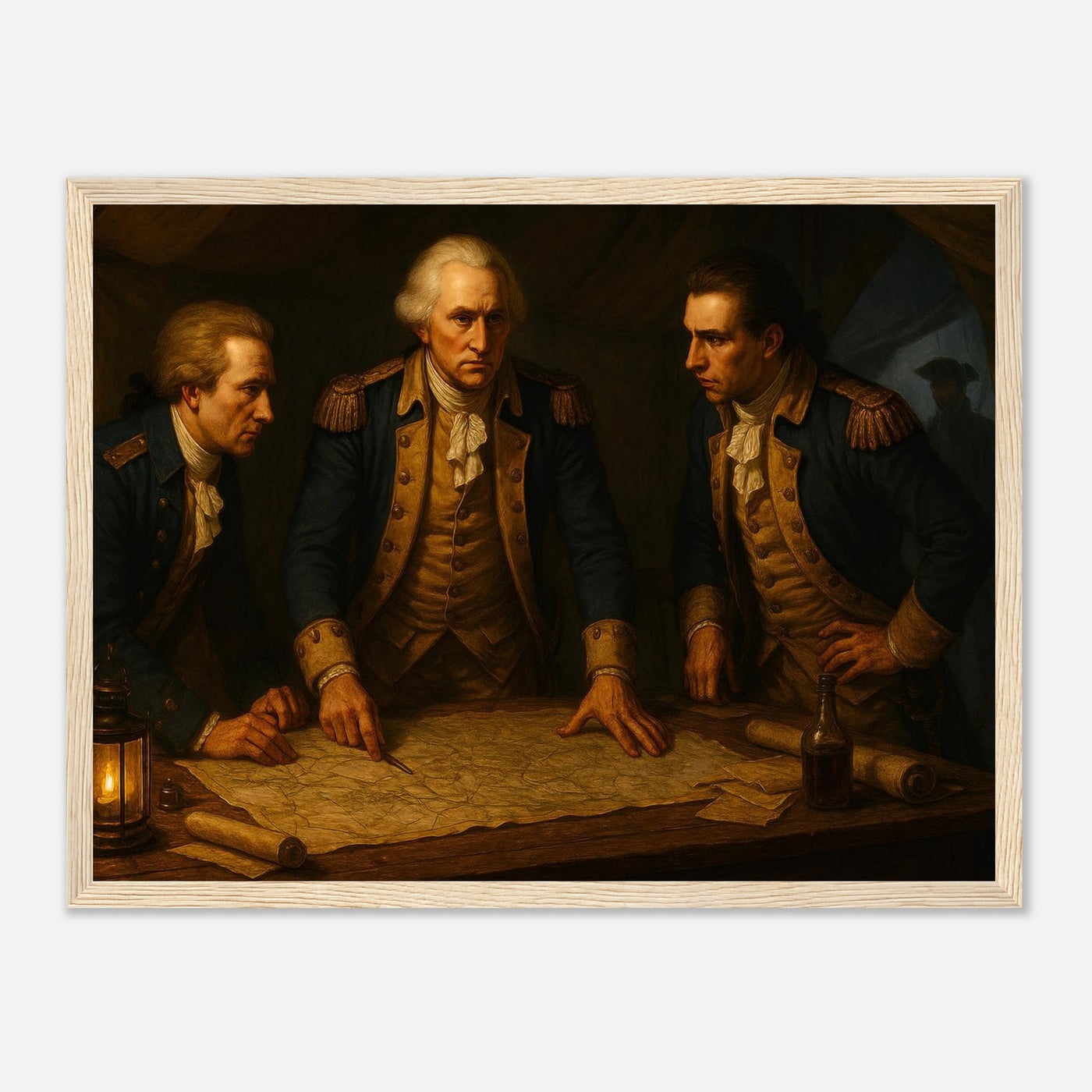 Framed print of Washington and his officers planning by lamplight, ready to hang.