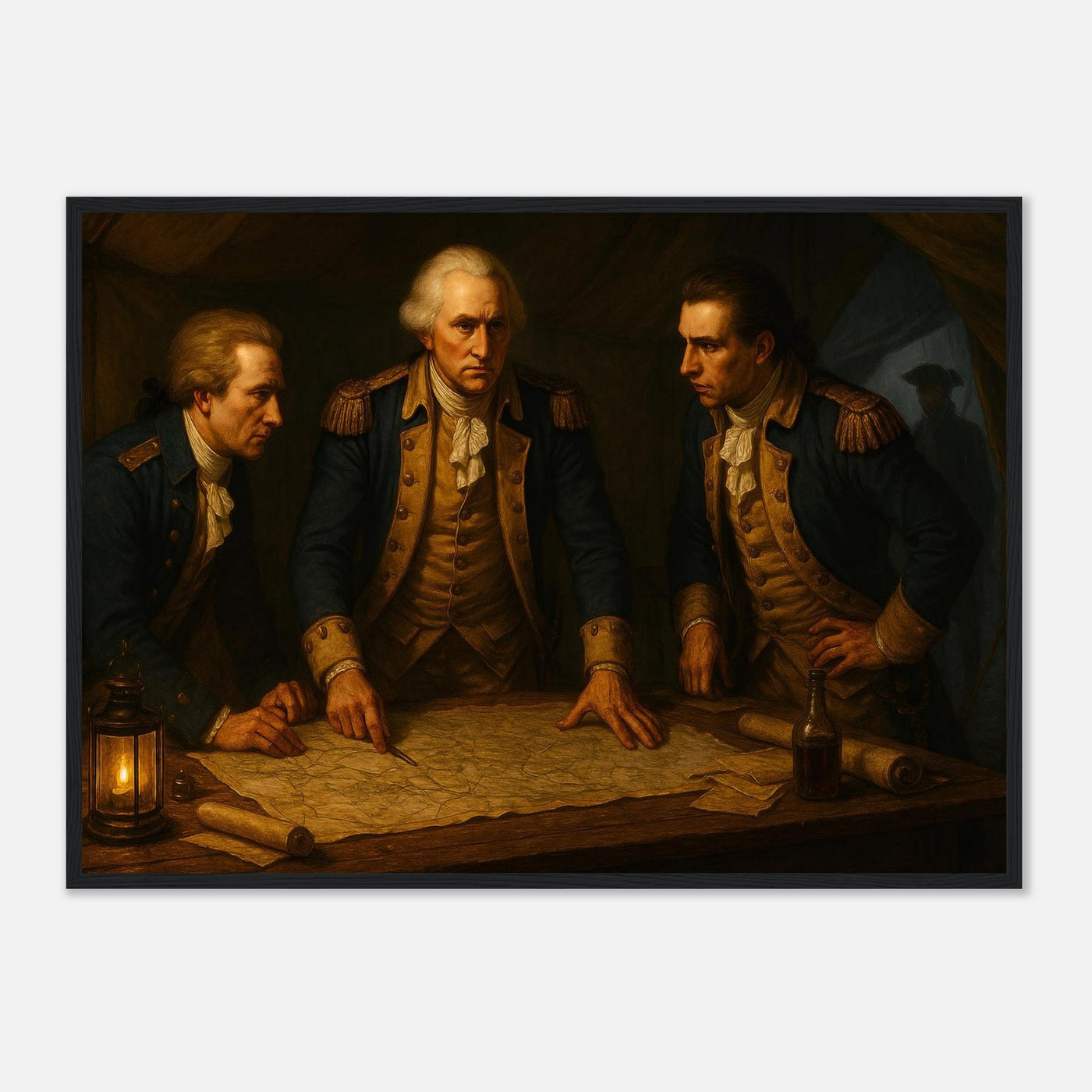 Framed print of Washington and his officers planning by lamplight, ready to hang.