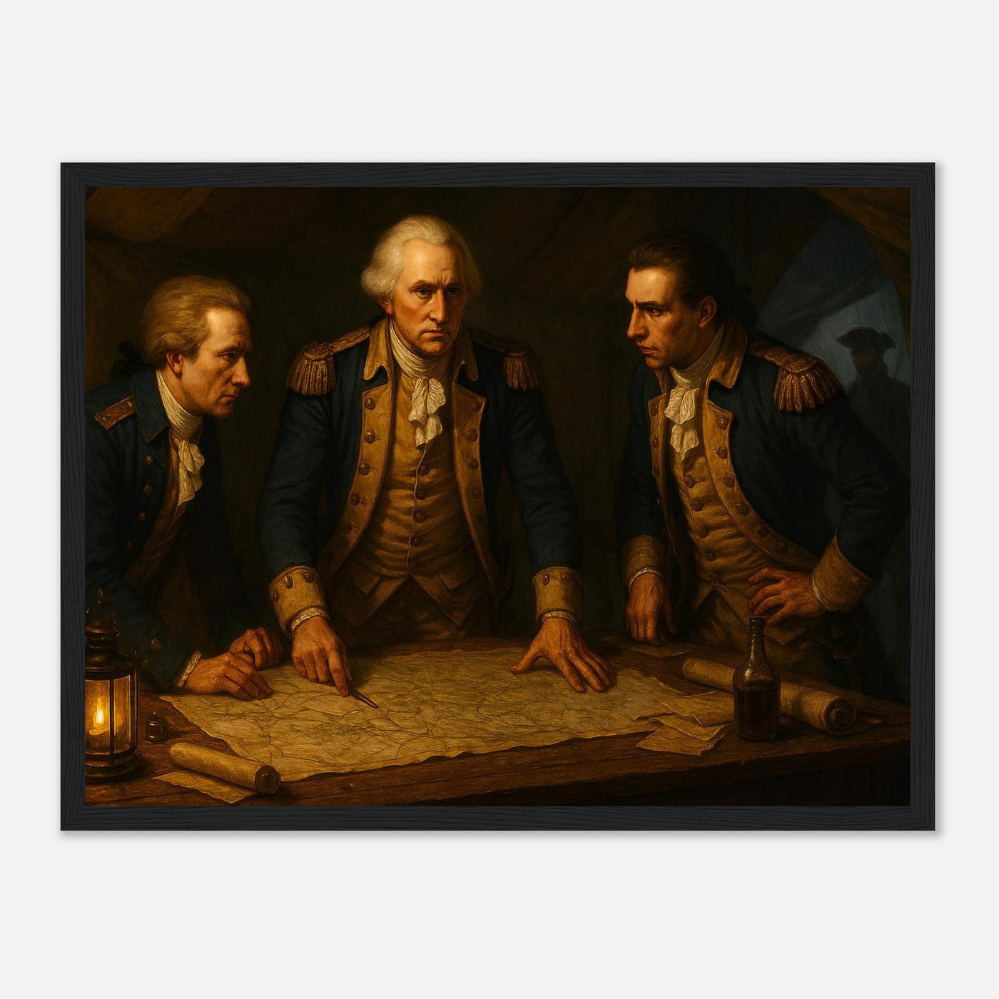 Framed print of Washington and his officers planning by lamplight, ready to hang.