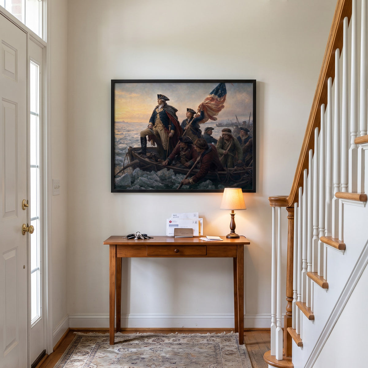 Washington Crossing the Delaware framed print in an entry hall