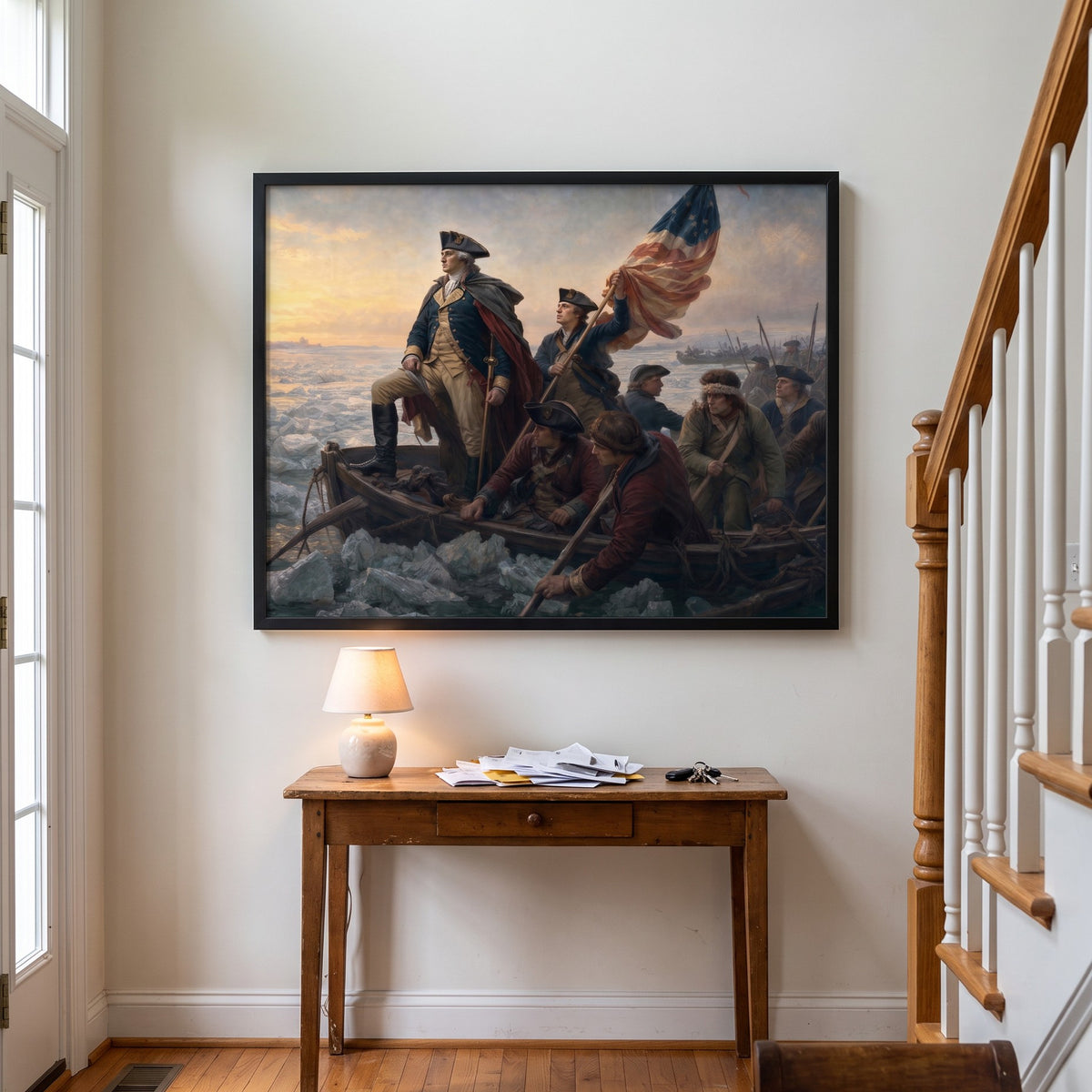 Washington Crossing the Delaware framed print in an entry hall