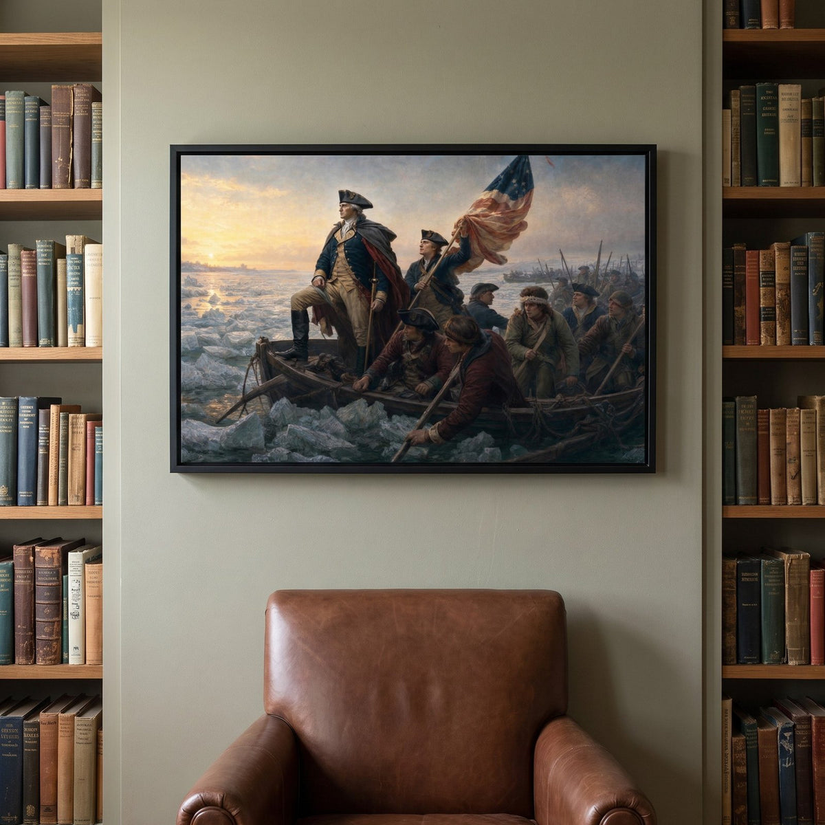 Washington Crossing the Delaware framed print on a library wall between bookshelves