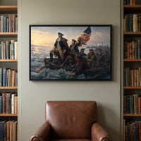 Washington Crossing the Delaware framed print on a library wall between bookshelves