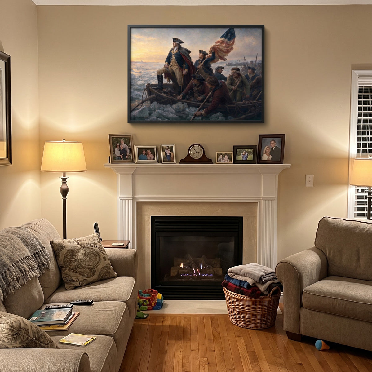 Washington Crossing the Delaware framed print above a living room mantel