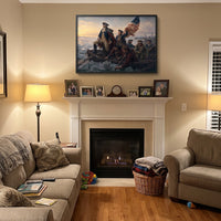 Washington Crossing the Delaware framed print above a living room mantel