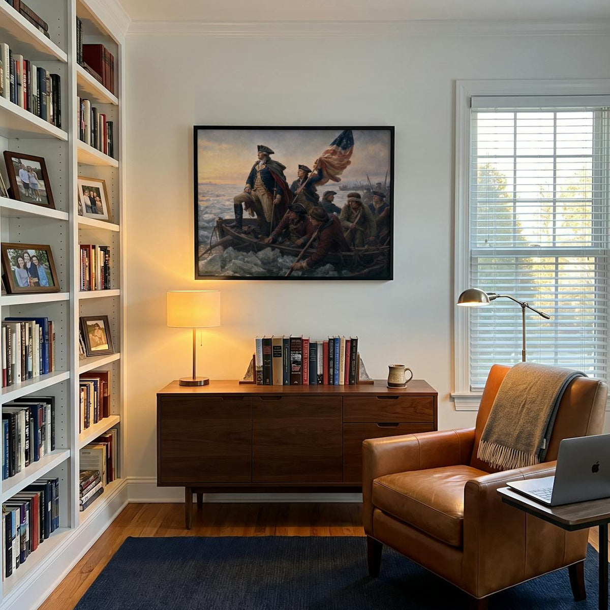 Washington Crossing the Delaware framed print in a study with bookshelves