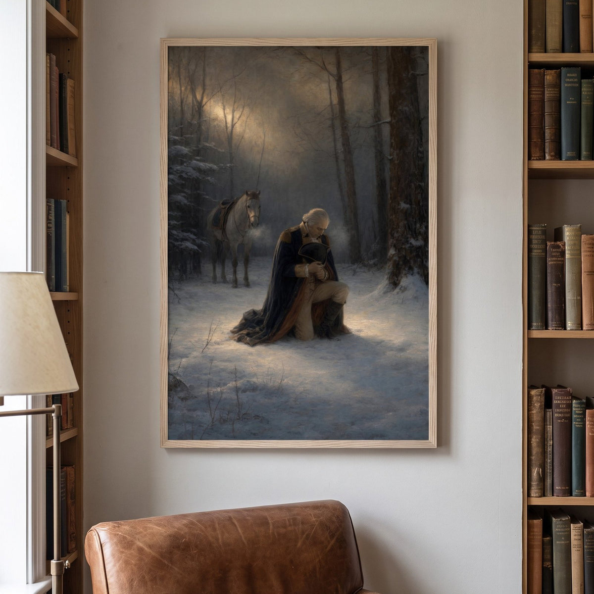 Washington's Prayer at Valley Forge framed print on a library wall between bookshelves