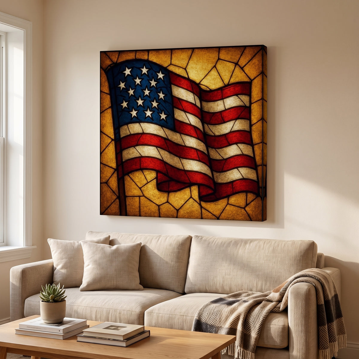 One Flag Under God – waving American flag in amber stained glass, patriotic canvas wall art above a linen sofa in a living room