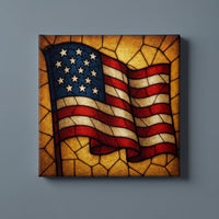 One Flag Under God – waving American flag in amber stained glass, patriotic canvas wall art on a slate grey wall