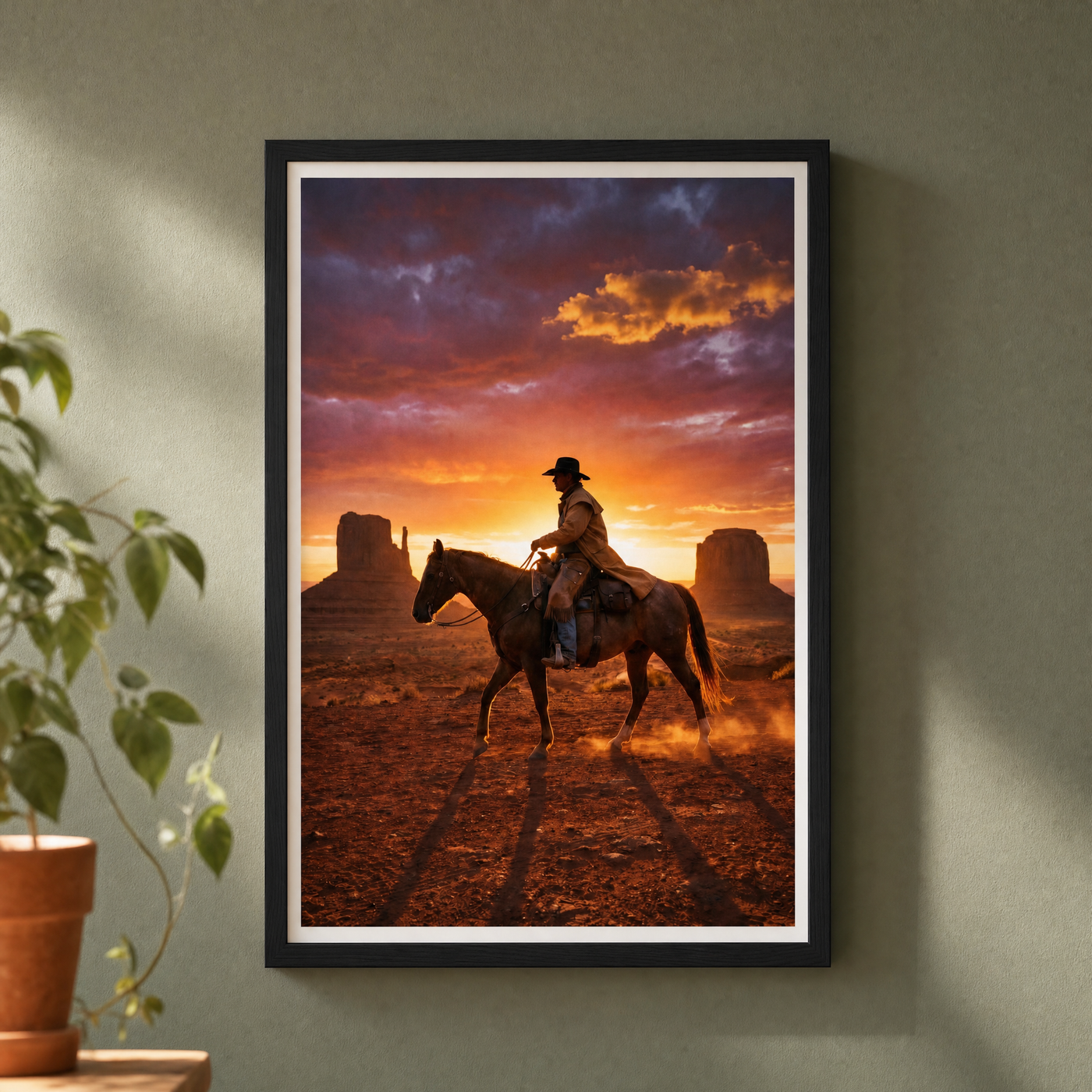 Into the Dusk framed print, matte black frame, shown on a sage-green wall — ready to hang.