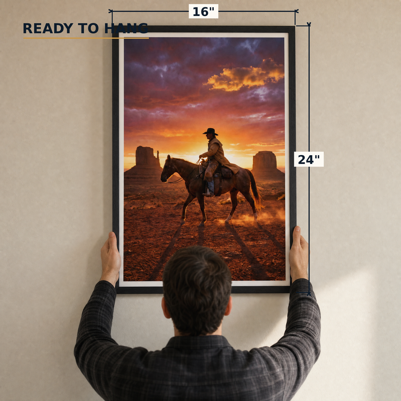 Into the Dusk framed print, matte black frame, 16×24″, held to the wall — ready to hang out of the box.