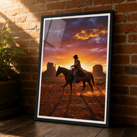 Into the Dusk framed print, matte black frame, leaning against an exposed brick wall.