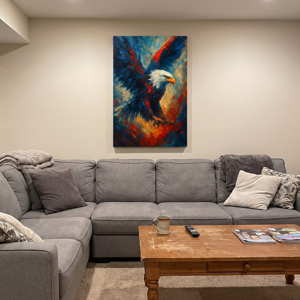 Wings of Liberty — Soaring Eagle canvas in a basement family room