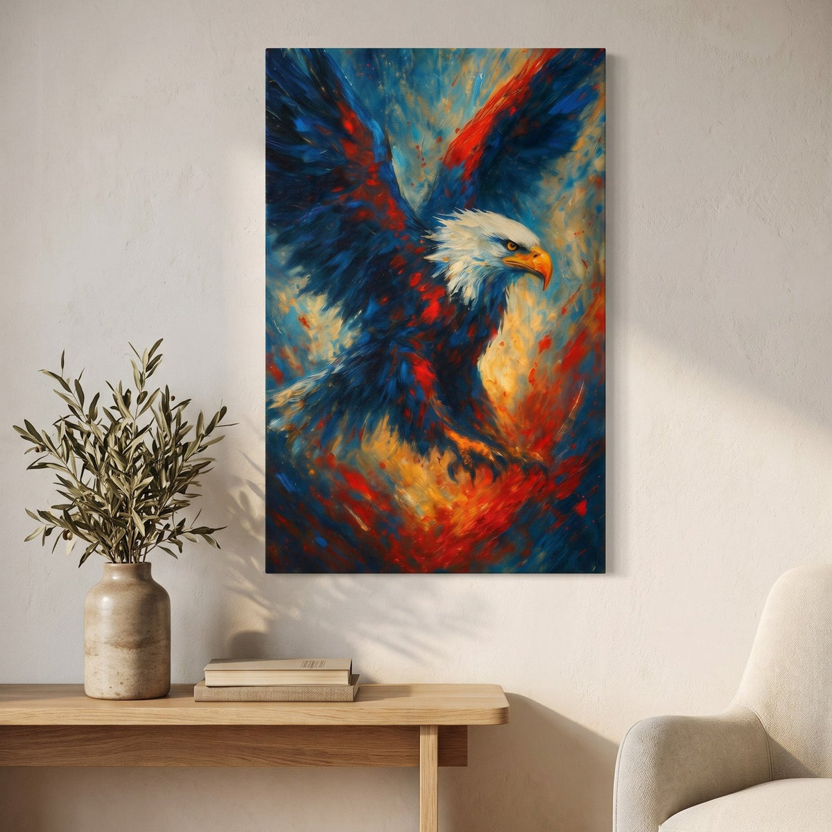 Wings of Liberty — Soaring Eagle canvas above a wooden console table