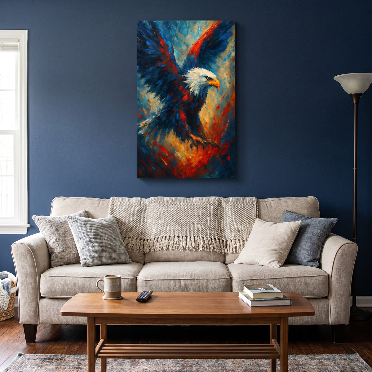 Wings of Liberty — Soaring Eagle canvas in a navy living room