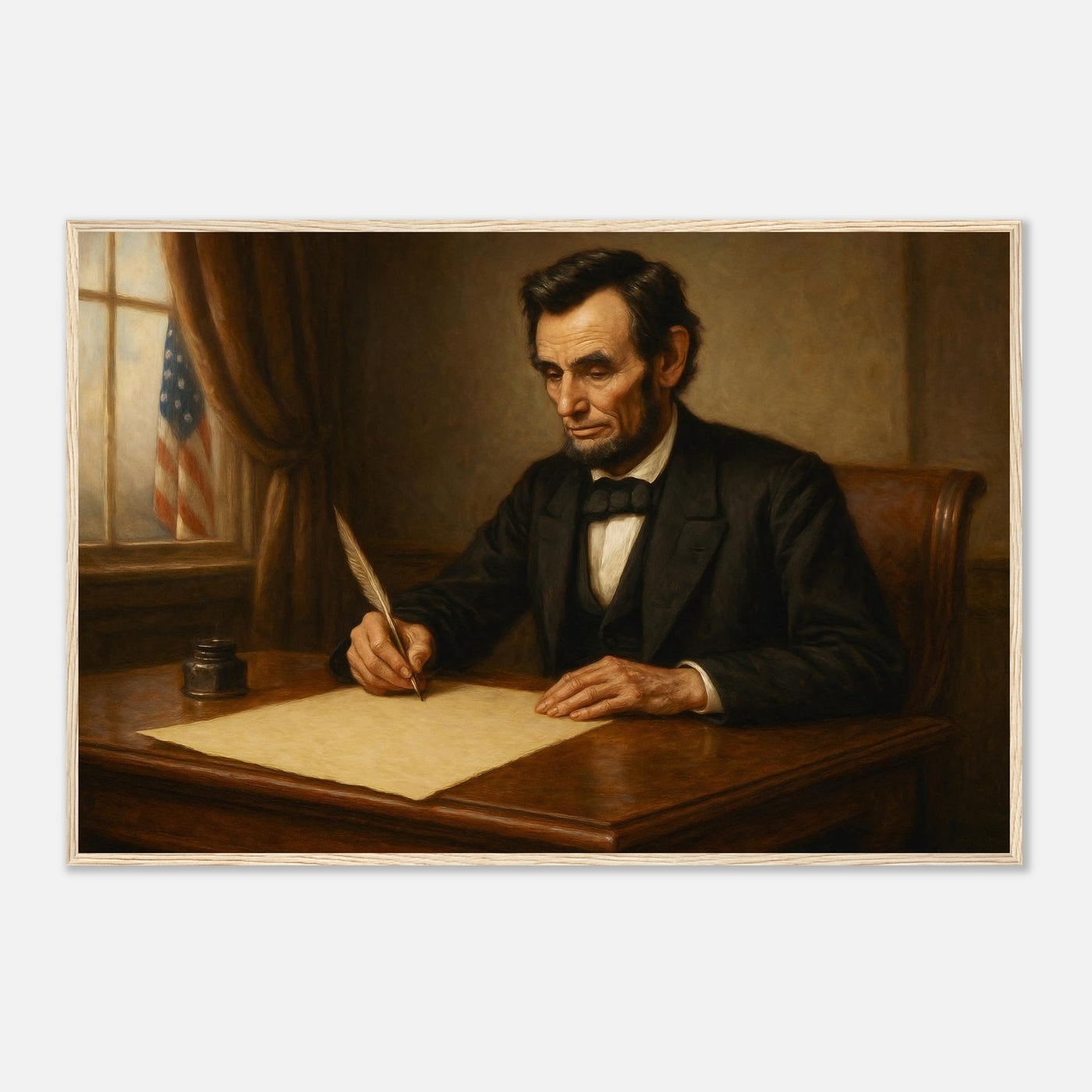 Framed print of Abraham Lincoln writing the Emancipation Proclamation, ready to hang.