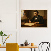 Framed print of Abraham Lincoln writing the Emancipation Proclamation, ready to hang.