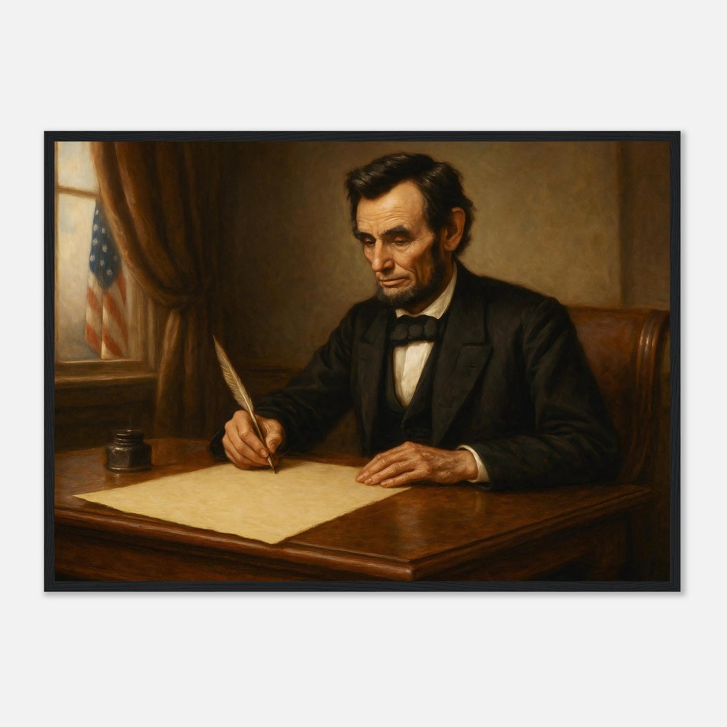 Framed print of Abraham Lincoln writing the Emancipation Proclamation, ready to hang.