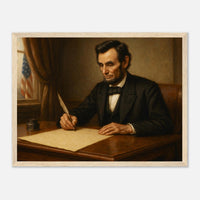 Framed print of Abraham Lincoln writing the Emancipation Proclamation, ready to hang.