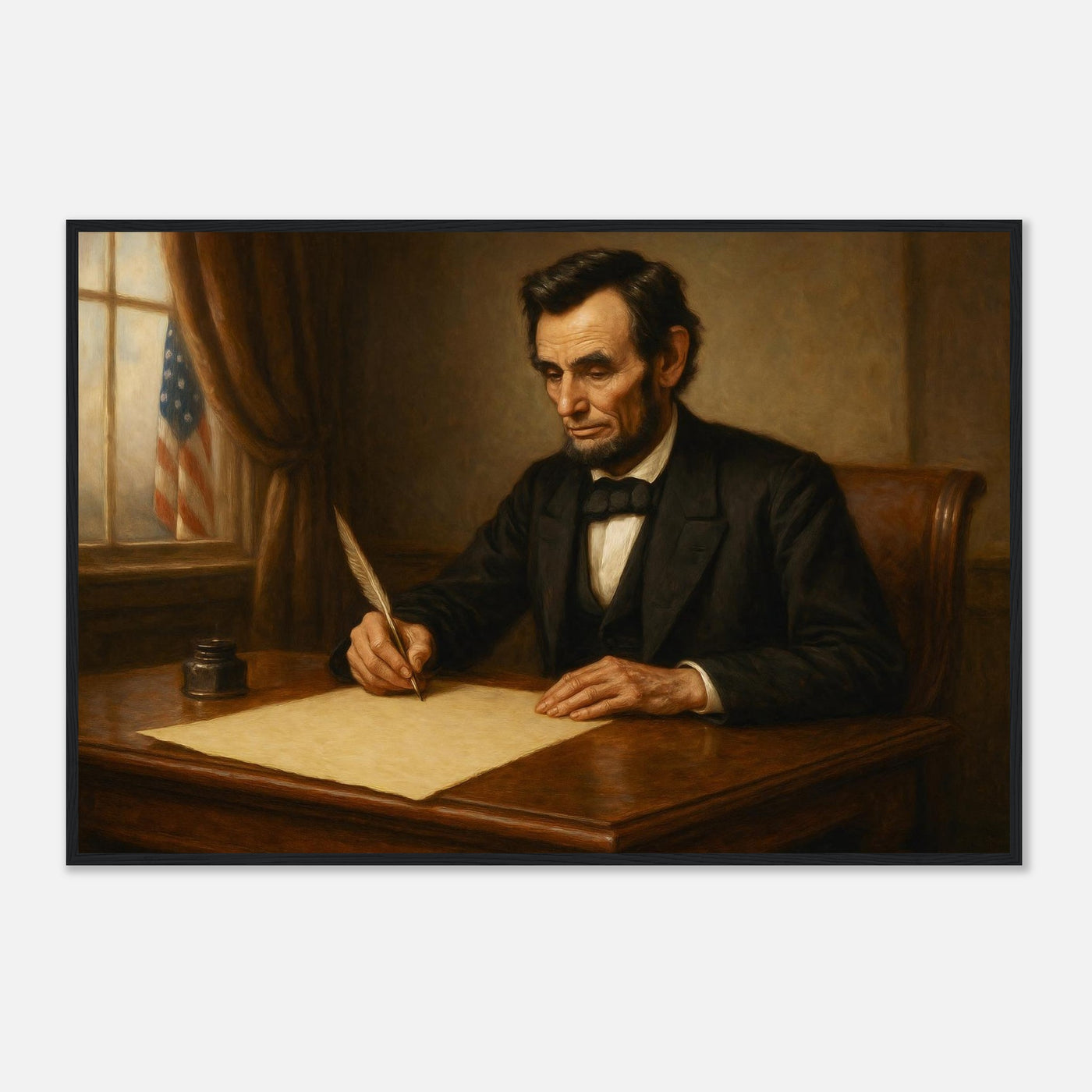 Framed print of Abraham Lincoln writing the Emancipation Proclamation, ready to hang.