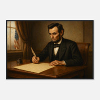 Framed print of Abraham Lincoln writing the Emancipation Proclamation, ready to hang.