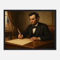 Framed print of Abraham Lincoln writing the Emancipation Proclamation, ready to hang.