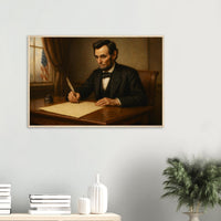 Framed print of Abraham Lincoln writing the Emancipation Proclamation, ready to hang.
