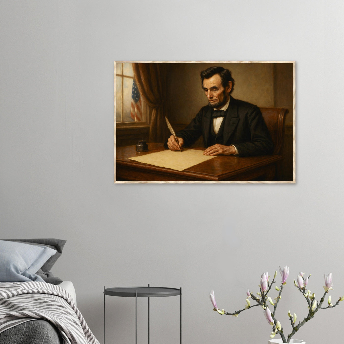 Framed print of Abraham Lincoln writing the Emancipation Proclamation, ready to hang.