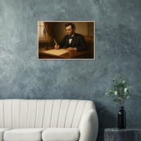 Framed print of Abraham Lincoln writing the Emancipation Proclamation, ready to hang.