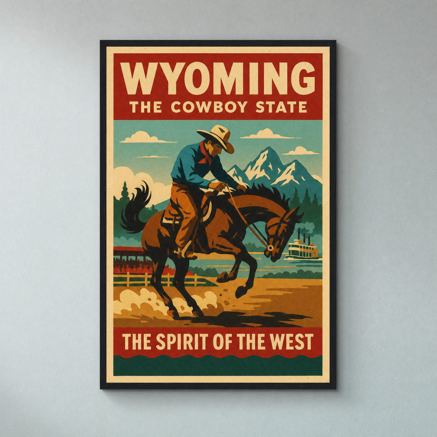 Wyoming travel-poster print in a slim black frame, shown on a pale blue-grey wall — ready to hang.