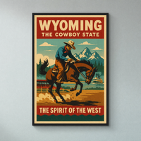 Wyoming travel-poster print in a slim black frame, shown on a pale blue-grey wall — ready to hang.