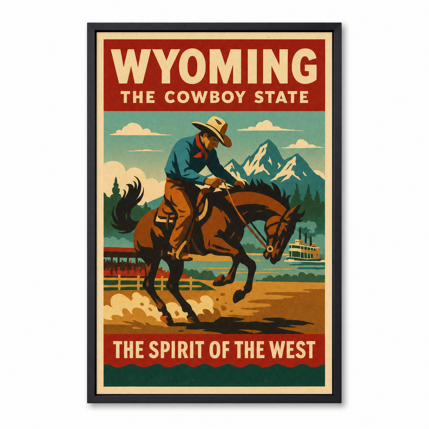 Wyoming travel-poster print, clean studio product view on museum-quality canvas in a black frame.
