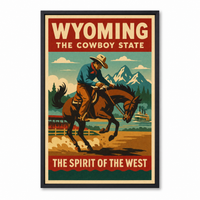 Wyoming travel-poster print, clean studio product view on museum-quality canvas in a black frame.
