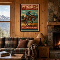 Wyoming travel-poster print, 24x36 inch, shown on a timber wall in a mountain lodge living room.